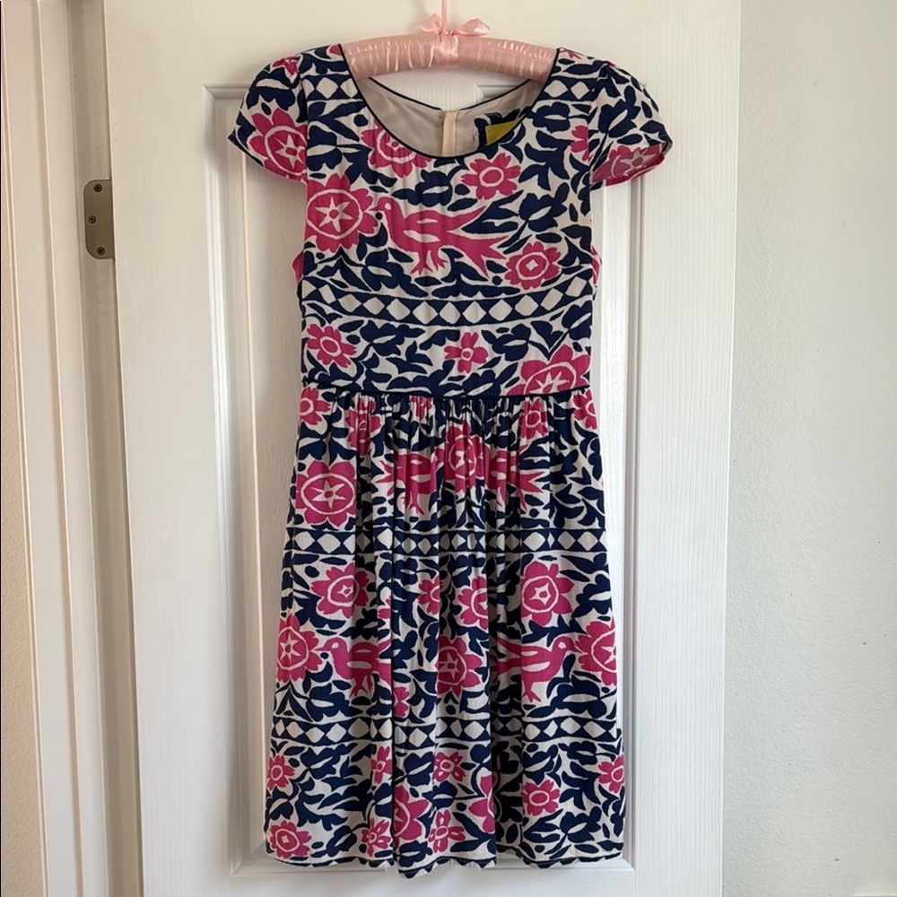 Maeve Fit And Flare Dress Pink Bird Floral Print Cap Sleeve Cottagecore